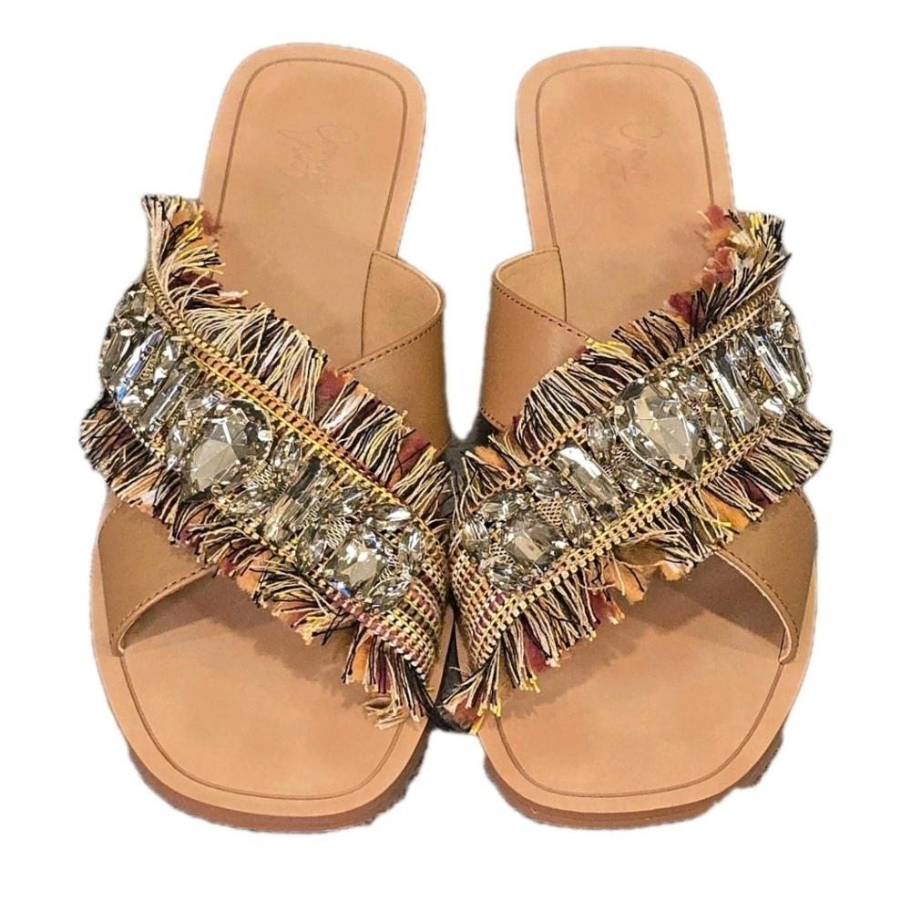 Crown Vintage Somaya Slip On Tassel Fringe Bejeweled Multicolored Sandals Sz 8